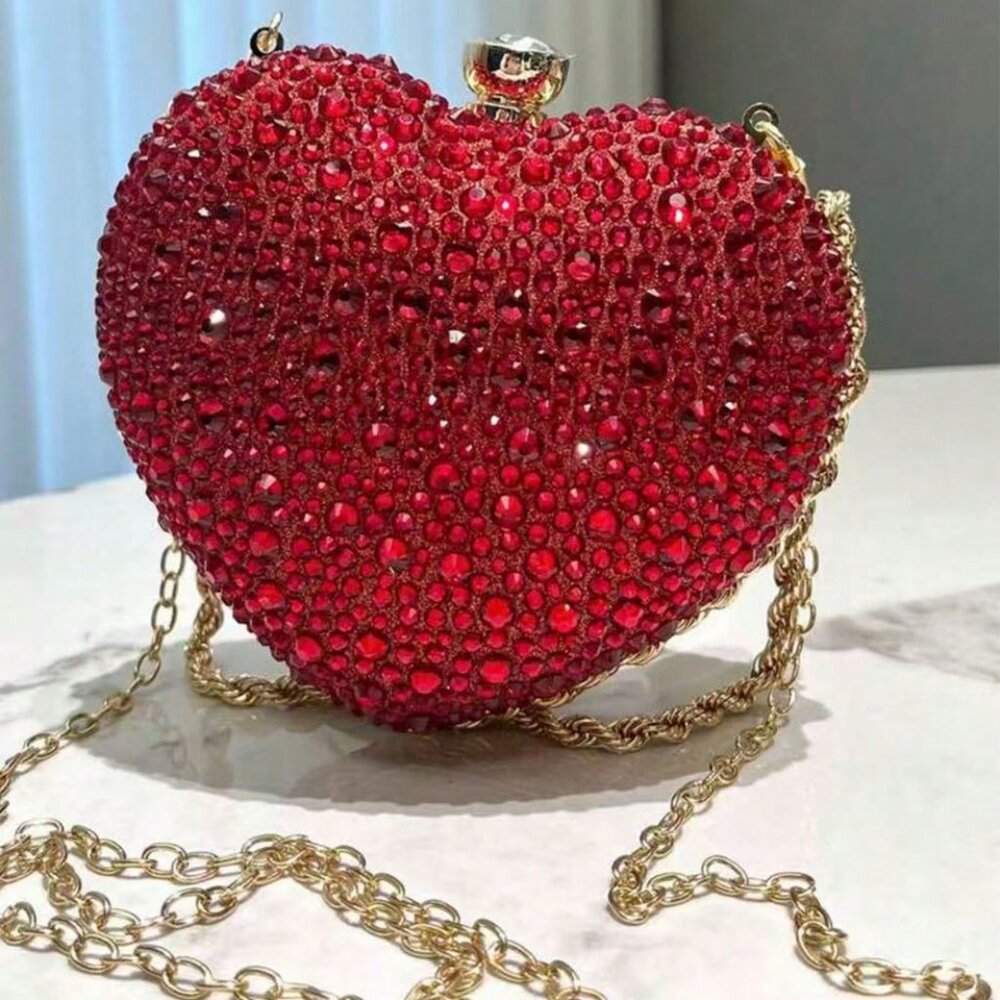 Ruby Red Heart Shape Rhinestone Evening Handbag N… - image 3